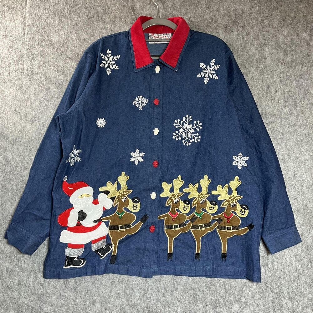 Tantrums Christmas Shirt Womens Plus 1X Santa Reindeer Snowflake Embroidered *